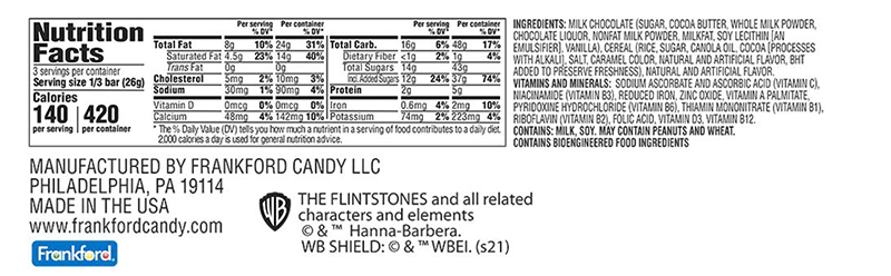 Cocoa PEBBLES Frankford Candy Bar Nutrition Facts Label