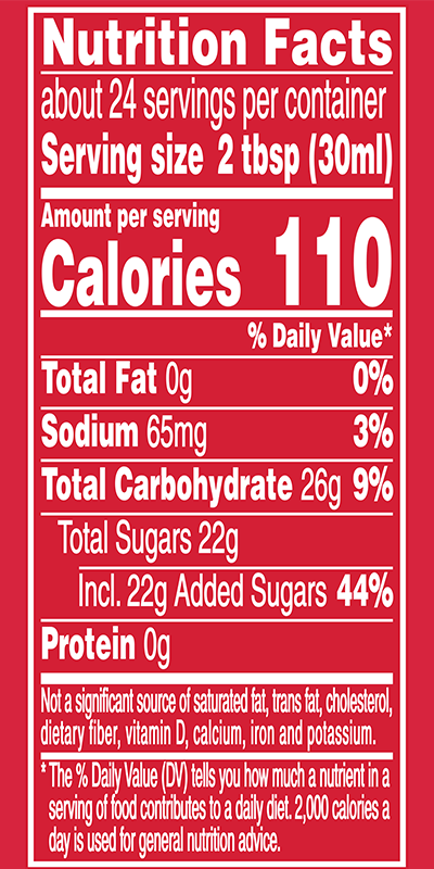 Mrs. Butterworth's Fruity PEBBLES Syrup nutrition facts label